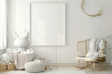 Cozy Nursery Room Interior with Blank Frame and Plush Toys