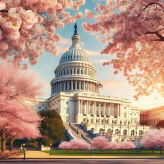 Capitol building in blossom tree. Spring Capitol hill, Washington DC. Capitols dome in spring. United States capitol building in spring. Congress during the spring cherry blossom season. 