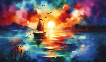 A vibrant and colorful painting of a seascape at sunset