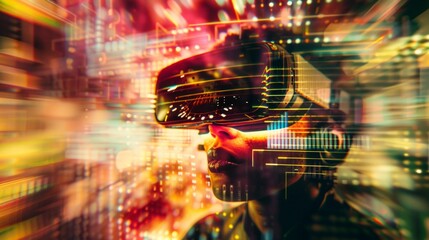 Person experiencing virtual reality with futuristic circuit overlay, tech innovation concept