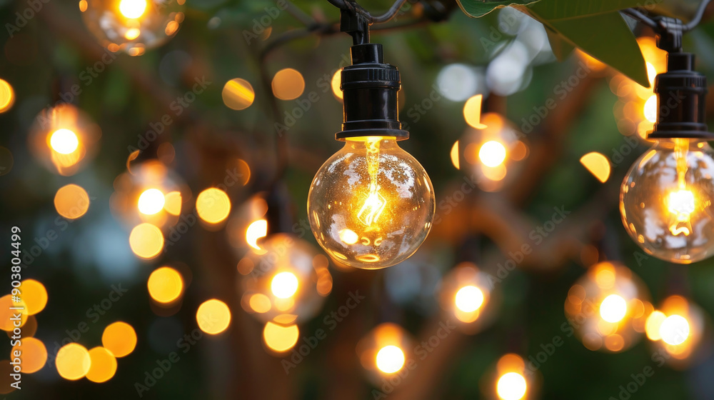 Poster decorative string lights create a warm atmosphere in a garden during an evening gathering