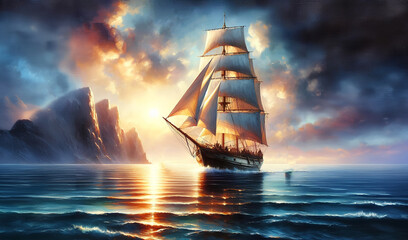 Fototapeta premium Watercolor painting of a tall sailboat sailing on the ocean