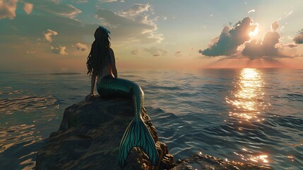 A mermaid sits on a rock, gazing out at a golden sunset over the ocean.