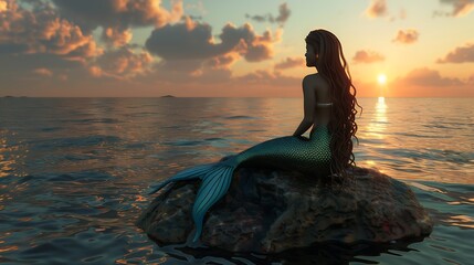 Fototapeta premium A mermaid sits on a rock in the ocean, watching the sunset.