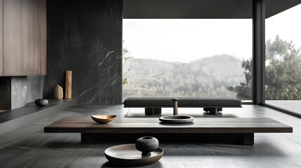 Fototapeta premium Minimalist Living Room with Large Window and View of Forest