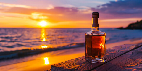 Bottle of whisky on a table summer vibes with beach sea and sunset in background
