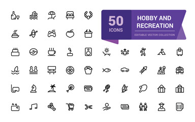 Set of Hobby and Recreation icons. Related to entertainment, lifestyle line icons. Collection of thin outline icons. Vector illustration.