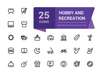 Set of Hobby and Recreation icons. Related to entertainment, lifestyle line icons. Collection of thin outline icons. Vector illustration.