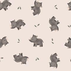 Seamless pattern with cartoon animal and leafs for kids design . Hand drawn illustration of rhinoceros on isolated background. Minimalist scandinavian style. Cute Africa and Asia animal