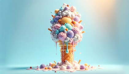 A surreal dessert scene featuring a towering rum raisin ice cream cone