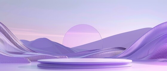 Organic purple podium with flowing lines, set in a natural landscape, abstract and serene design