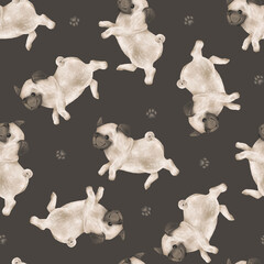 Seamless pattern of animal dogs and paws for kids. Hand drawn illustration of pug running or jumping on isolated background. Minimalist Scandinavian style. Cute pets for kids post or stickers
