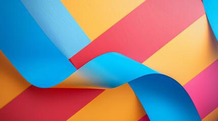 Bright, colorful stripes and a flowing blue ribbon create an energetic and playful abstract background that stands out with its vibrant hues and geometric forms.