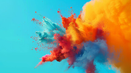 A vivid explosion of colored powder against a bright blue sky, creating an energetic and dynamic display of mixed hues.