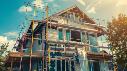 A picturesque home under renovation, with scaffolding and bright sunlight enhancing its transformation.
