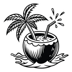 A vivid and lively illustration of a coconut on a beach, designed to be printed on a T-shirt.