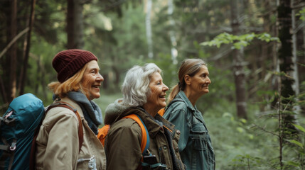 Fototapeta premium Three smiling older women hiking through a tranquil forest, sharing joy and adventure amidst towering trees and greenery.