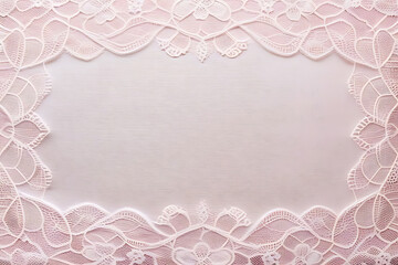 Beautiful white lace cloth on pink background, close up. Copy space. Text place. White lace floral textile fashion pattern. Openwork fabric white lace texture