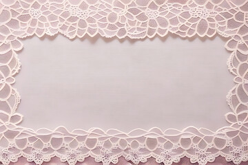 Beautiful white lace cloth on pink background, close up. Copy space. Text place. White lace floral textile fashion pattern. Openwork fabric white lace texture
