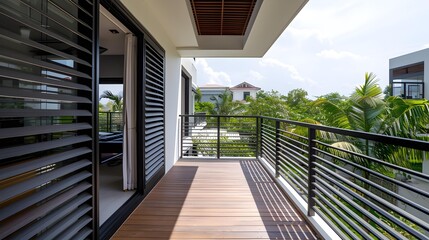 Modern Balcony Design with Wooden Floor and Black Railings