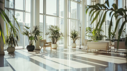 A pristine, sun-drenched lobby highlighted with large potted plants exudes tranquility and elegance with a minimalist aesthetic and abundant natural light.