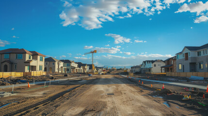 A developing residential area with newly constructed homes lining a dirt road under a bright, clear sky, signifying growth and expansion.