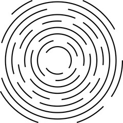 Concentric circles with broken lines isolated on white background. Vortex, sonar wave, soundwave, sunburst, signal signs.