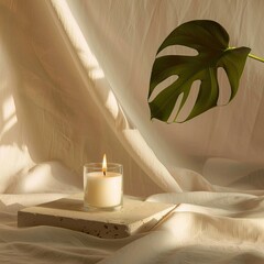 Soy wax scented candle mockup, clear glass container candle front view mockup, tropical style and palm leaves