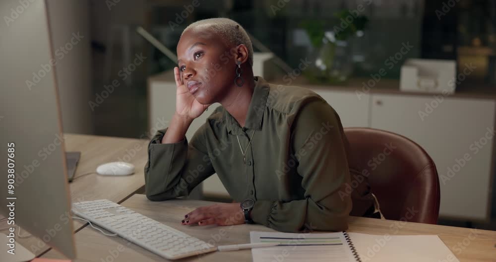 Poster tired black woman, business and bored by computer for slow internet, challenge and working at night 