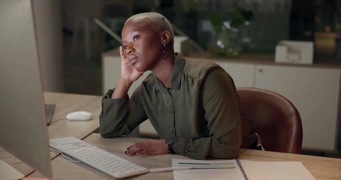 Tired black woman, business and bored by computer for slow internet, challenge and working at night in office. Lazy accountant lady, desktop and fatigue for boring audit, poor connection and burnout