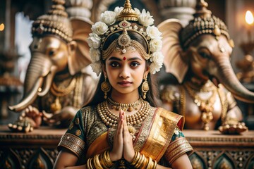 A beautiful Indian girl in a traditional Indian national costume, sari. Against the background of elephants. The portrait symbolizes the traditions, culture and beauty of the people of India.