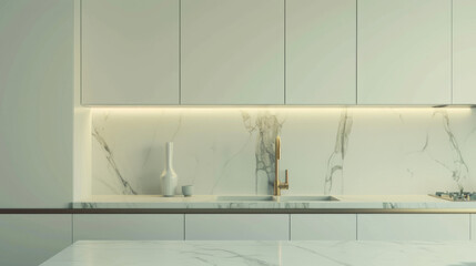 A minimalistic kitchen with sleek white cabinets and a marble countertop, softened by ambient under-cabinet lighting.