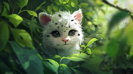 A White Kitten Hiding in Lush Green Foliage
