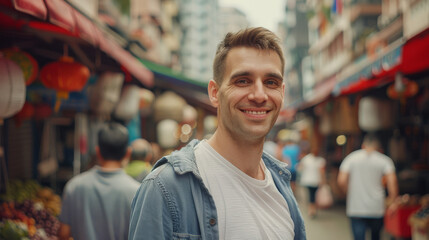 A smiling man stands in a bustling market street, surrounded by vibrant shops and people, capturing the essence of urban life.