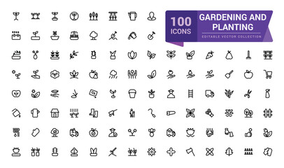 Gardening and Planting outline icons related to landscaping, farming. Linear icon collection. Editable stroke. Vector illustration.