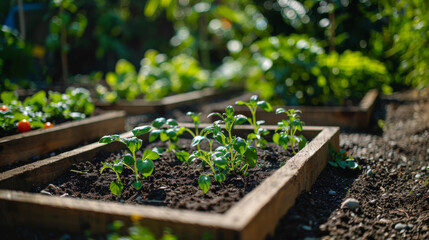 Close-up of young vegetable seedlings in a raised wooden garden bed