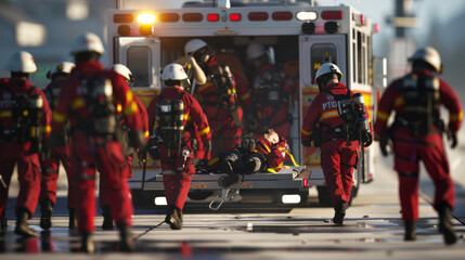 Naklejka premium Rescue workers in red uniforms carry an injured person into an ambulance, showcasing teamwork and the urgency of emergency response.