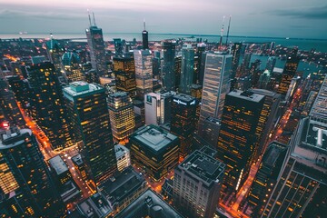 An aerial shot of a city's skyline at twilight, showcasing the blend of natural light and city illumination. Perfect for showcasing urban beauty and architectural design.