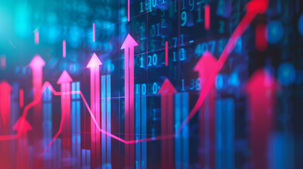 An abstract representation of financial data with rising graphs and statistics in vibrant neon colors.