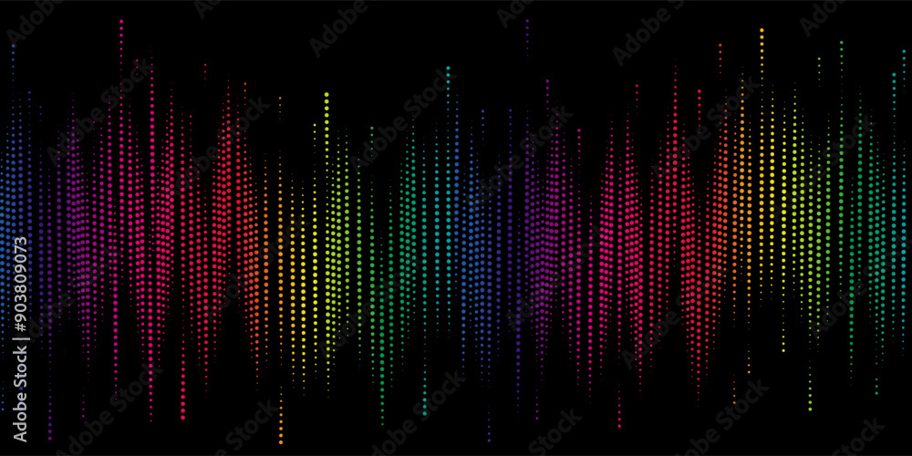 Poster a stunning, colorful visual representation of sound waves created from multicolored dots on a black 