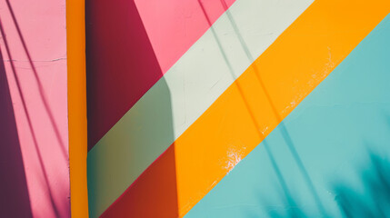 Obraz premium A vibrant wall mural with diagonal stripes of pink, orange, yellow, and teal, bringing a bold splash of color to the urban environment.
