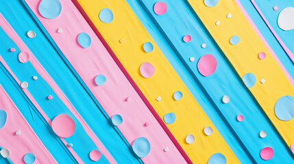 Bright, playful stripes in blue, pink, and yellow feature polka dots, creating a vibrant, whimsical backdrop that exudes a cheerful and energetic vibe.