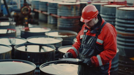 A factory worker in protective gear inspects oil barrels, reflecting the industrial atmosphere and importance of safety and precision in heavy industry.