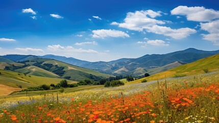 Rolling hills covered in vibrant wildflowers under a clear blue sky