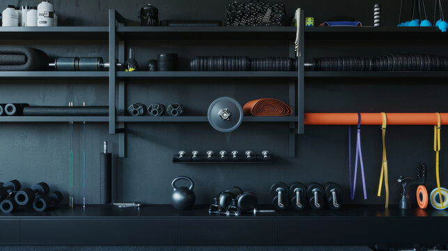 Black shelving stacked with various fitness gear including kettlebells, resistance bands, dumbbells, and exercise mats, creating an organized workout space.
