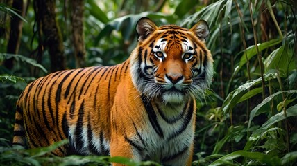 An intense image of a ferocious tiger in the jungle (Panthera tigris)