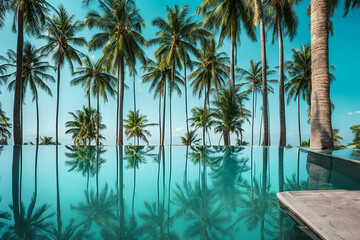 Reflection of coconut trees and sugar palm tree in turquoise color swimming pool