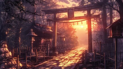 Naklejka premium Scenic sunrise at a traditional Japanese Shinto shrine with Torii gate and peaceful forest surroundings bathed in golden light.