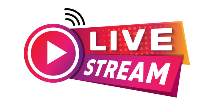 Live stream sticker. Live streaming, video, news symbol on white background. Social media template. Broadcasting, online stream. Play button. Social network sign.