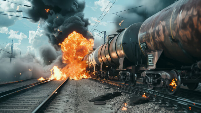 A massive explosion engulfing a train on railway tracks, sending thick plumes of smoke and flames into the sky amidst a catastrophic scene.